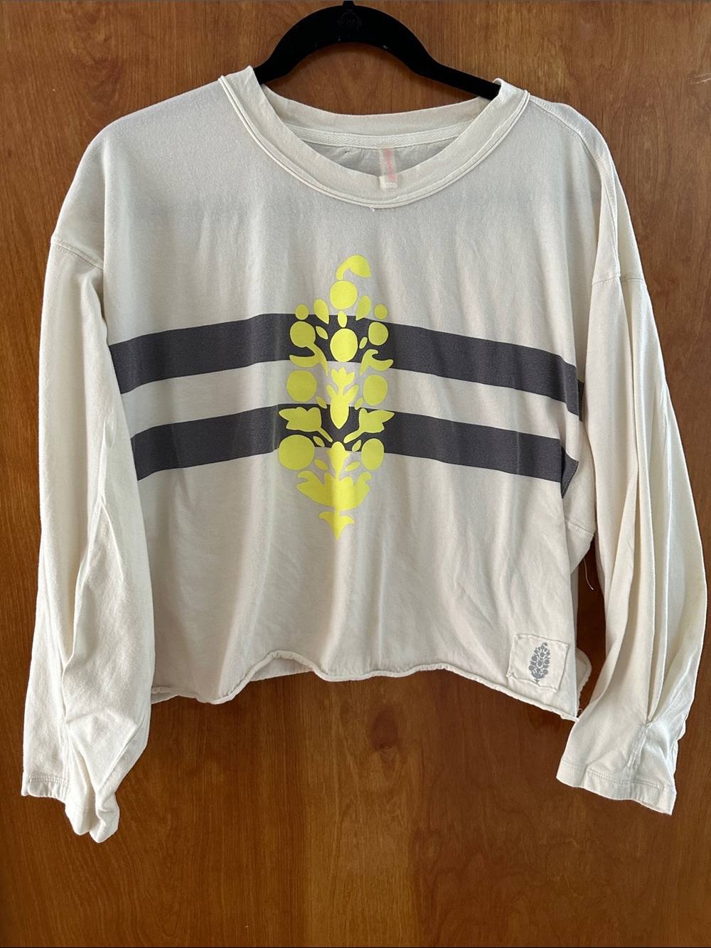 Free People Cream Long-Sleeve Top with Neon Yellow Graphic M